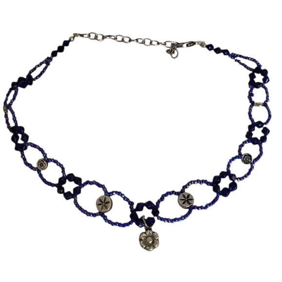 Midnight Bloom Choker | Woven Thread & Metal Flowers | Adjustable | Boho Vintage - Picture 2 of 2